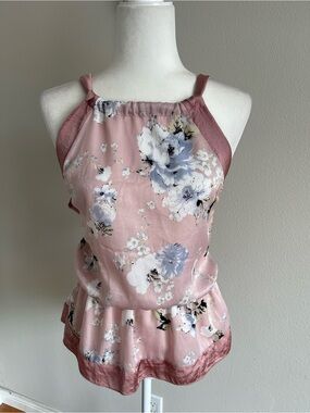 Papaya Pink Floral Satin-Trim Halter Top